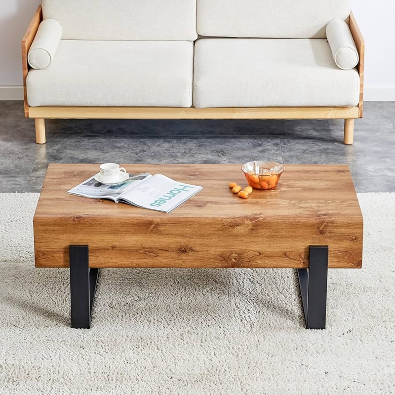 Coffee Table Small Round Wood Toned Slim Black Metal Legs Apartment
