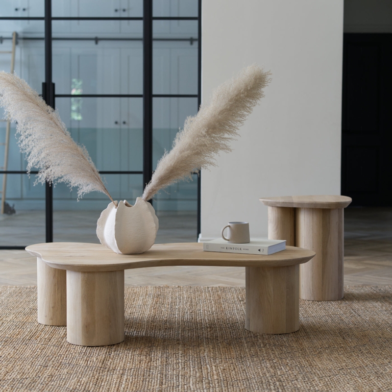 Coffee Table, Solid Oak, Freeform Top, Chunky Cylindrical Legs, Japandi.