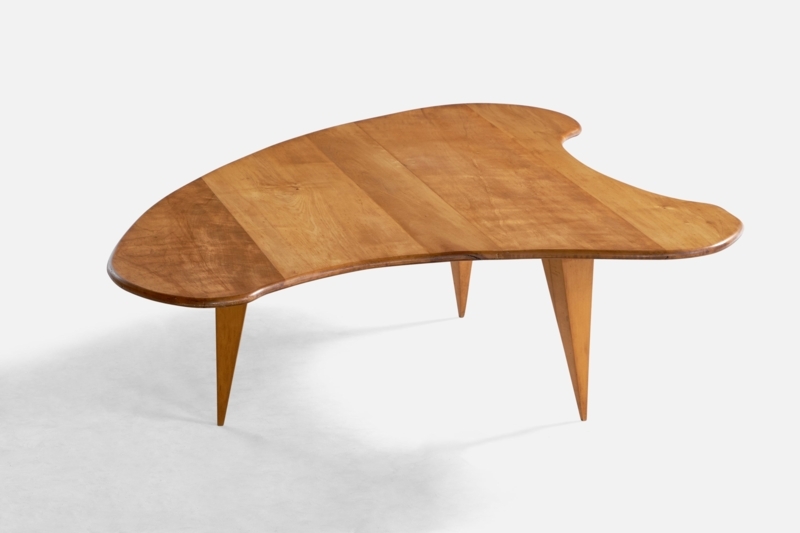 Coffee Table, Splayed Legs, Biomorphic Shape, Blonde Wood Finish.