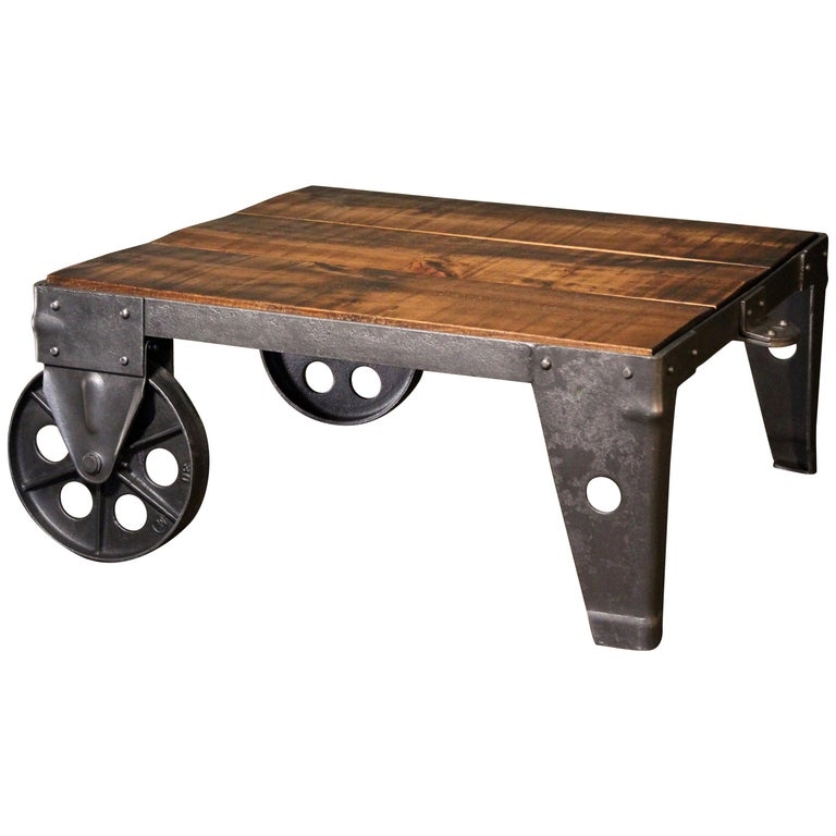 Coffee Table Spoke Wheels Factory Cart Silhouette Weathered Planks