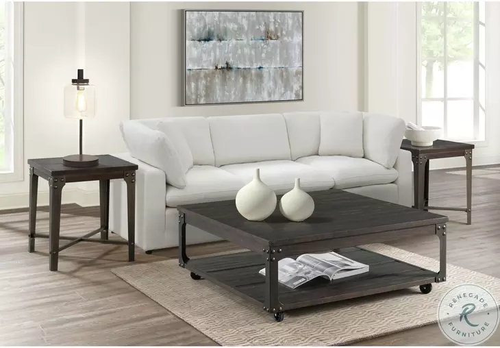 Coffee Table Square Espresso Wood Chunky Block Legs Shelf Contemporary