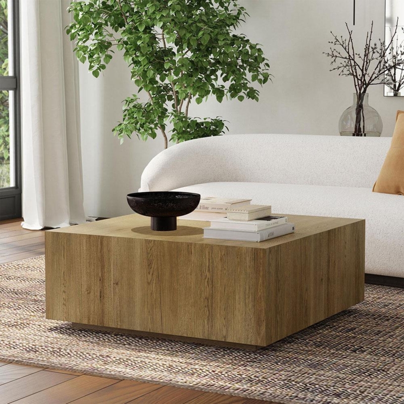 Coffee Table Square Light Brown Wood with Hidden Casters