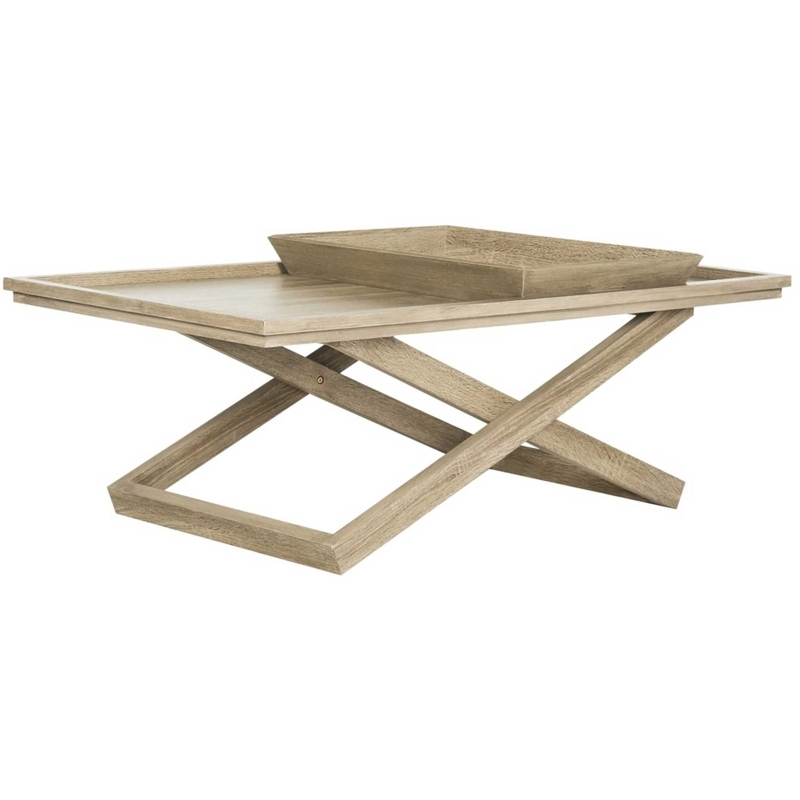Coffee Table Square Light Wood Tray Top Black Metal Cross Legs