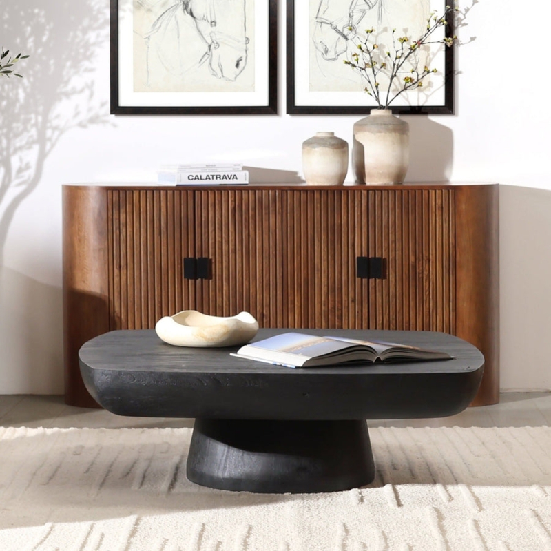 Coffee Table Square Pedestal Base Recessed Block Black Wood