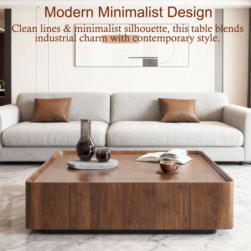Coffee Table Square Storage Drawers Walnut Open Shelf