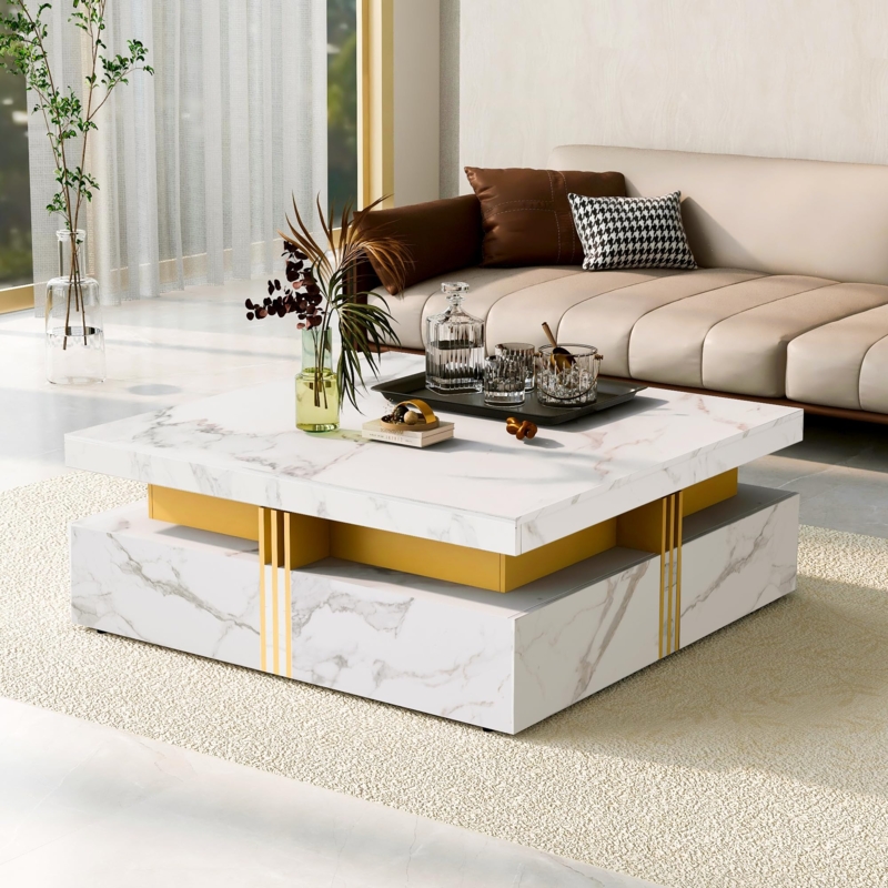 Coffee Table Square White Stone Fluted Gold Accents