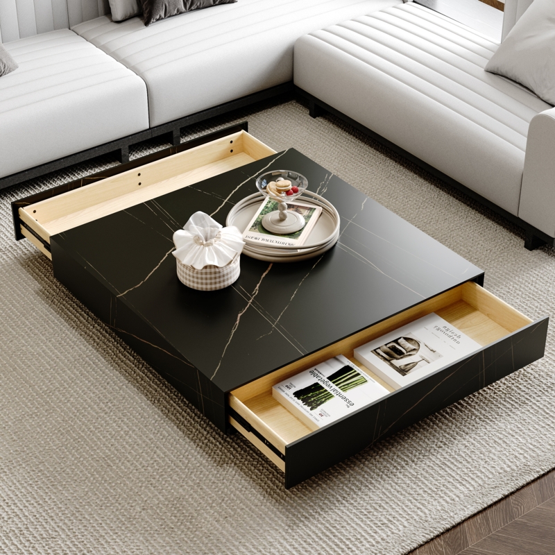 Coffee Table Square White Stone-Like Top Recessed Wood Base