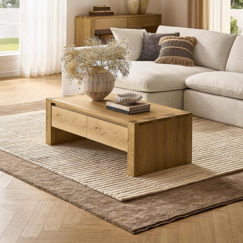 Coffee Table Square Wood Low Profile Integrated Drawers