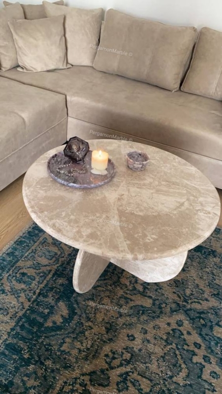 Coffee Table Stone Pedestal Bullnose Edge Round Top Organic Modern