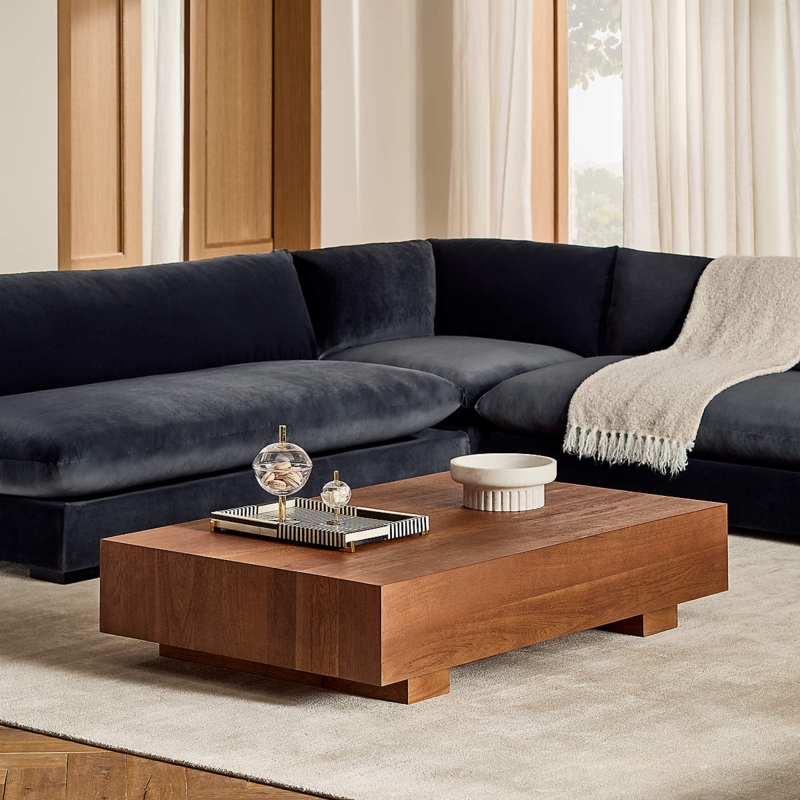 Coffee Table Thick Block Legs Overhanging Top Wood Grain