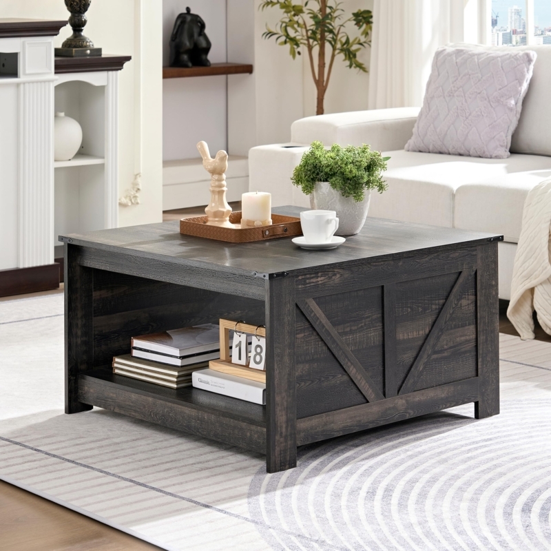 Coffee Table Thick Profile Pedestal Base Square Form Rustic Farmhouse