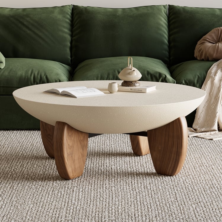 Coffee Table Thick Stone Top Walnut Tripod Legs Round Modern Minimalist