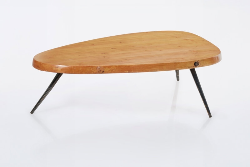 Coffee Table, Thick Tabletop Edge, Tri-Leg Base, Mid-Century Wood Toned.