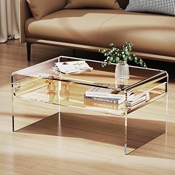 Coffee Table Transparent Acrylic Waterfall Edge Open Shelf