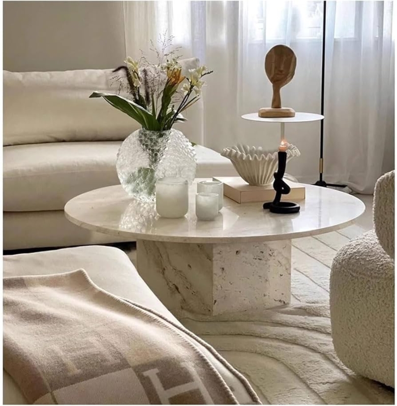 Coffee Table Travertine-Like Pitted Stone Texture Wabi Sabi Style