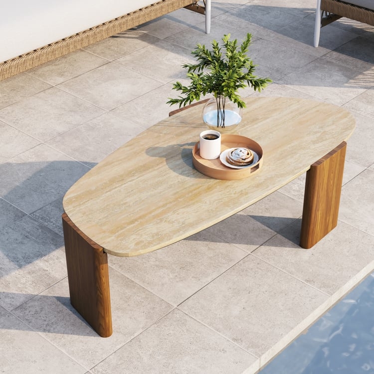 Coffee Table Travertine Top Walnut Toned Base Sculptural Legs Outdoor
