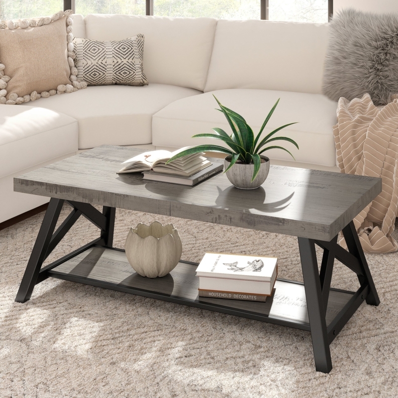 Coffee Table Trellis Sides Bottom Shelf Weathered Wood Rustic Farmhouse