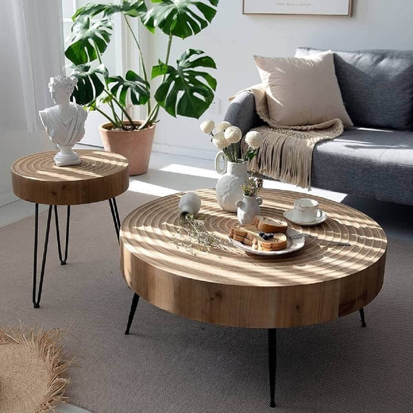 Coffee Table Tripod Base Natural Wood Grain Round Brown Boho Scandi