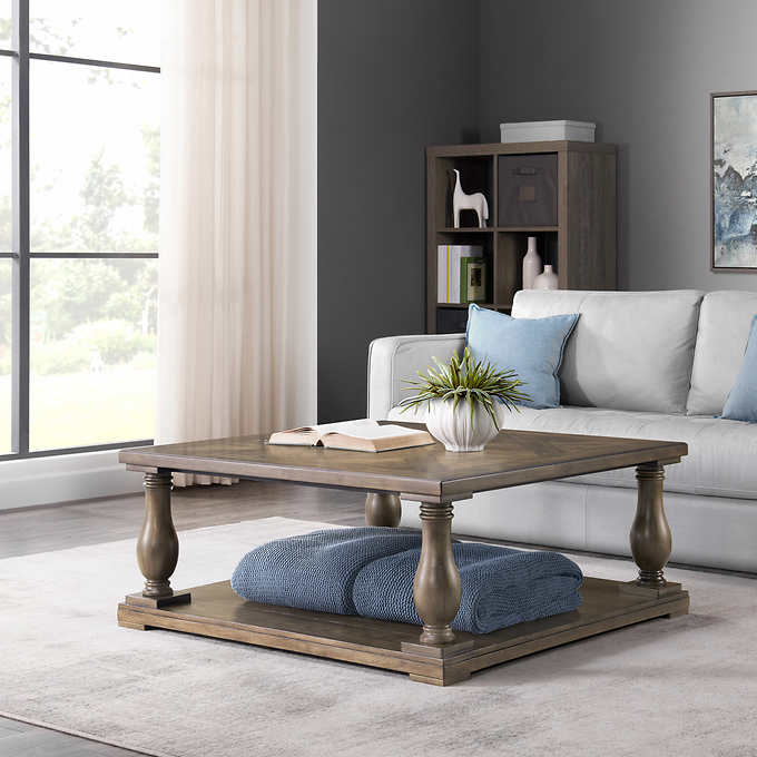 Coffee Table Turned Baluster Legs Square Wood Transitional Farmhouse