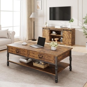 Coffee Table Two Drawers Open Lower Shelf Black Metal Base