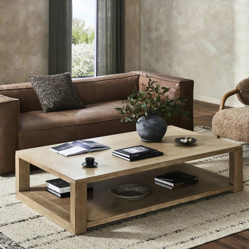 Coffee Table Two Tier Extra Wide Rectangular Profile Beige Oak Finish