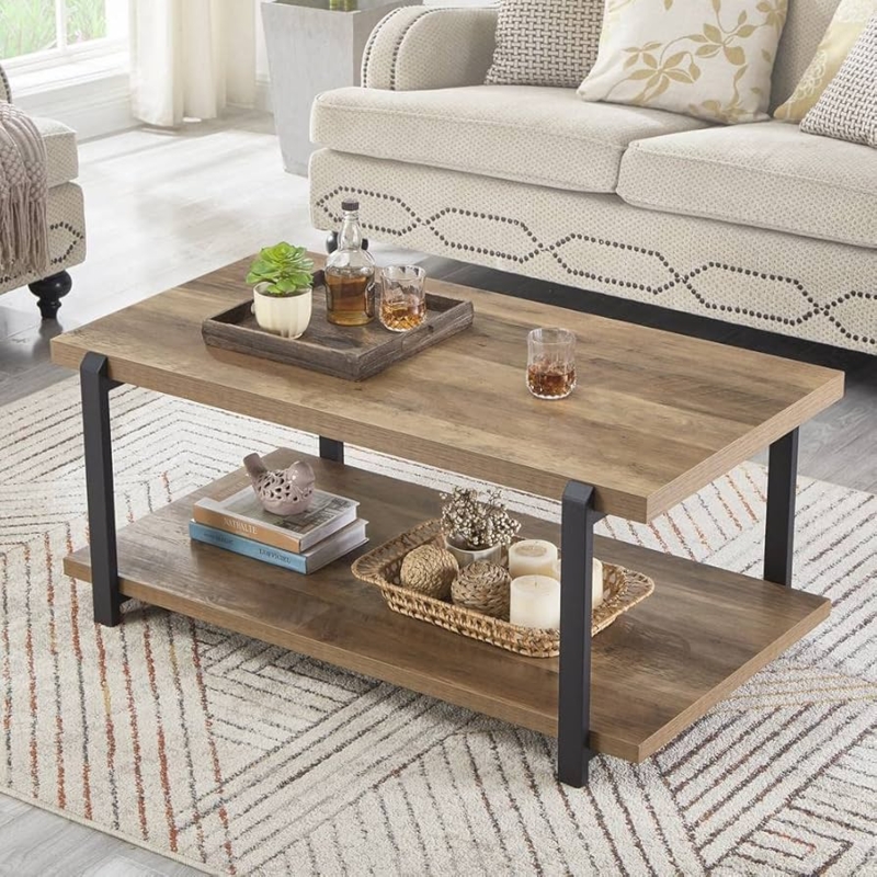 Coffee Table Two Tier Open Shelf Tubular Legs Oak Wood Metal