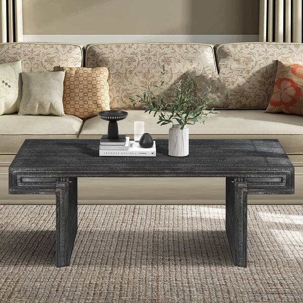 Coffee Table Two-Tier X-Frame Base Thick Plank Top Antique Black