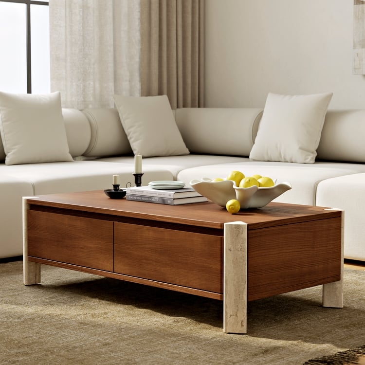 Coffee Table Two-Tone Storage Drawers Block Base Modern