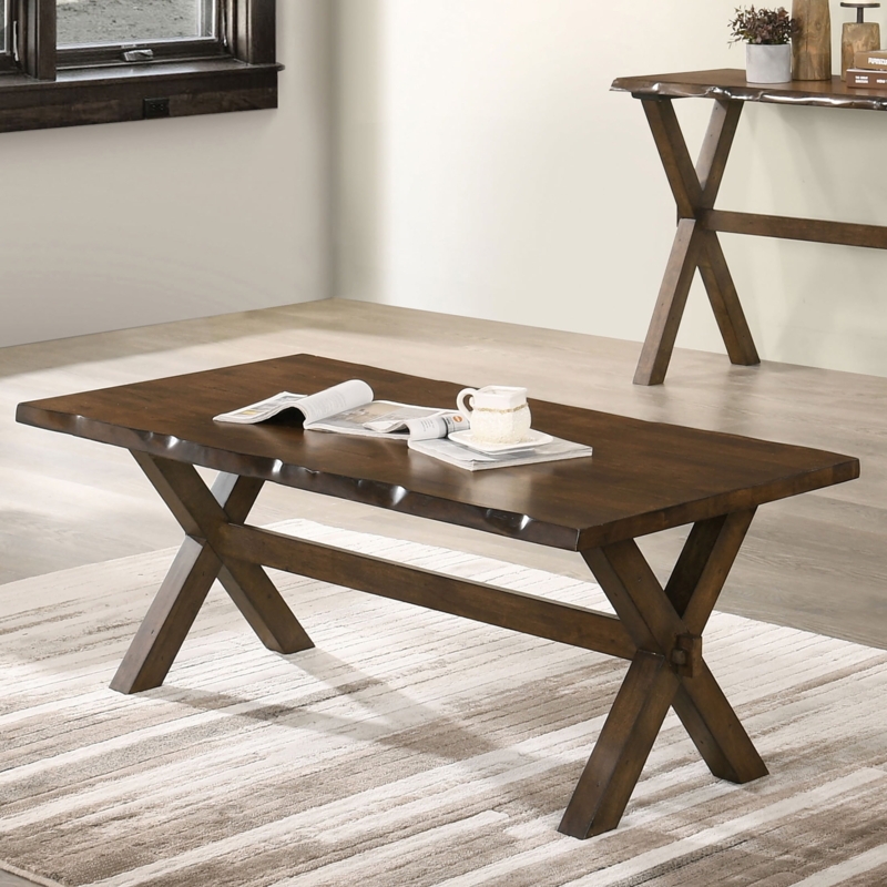 Coffee Table Walnut Rectangular X-Cross Legs Lower Storage Shelf