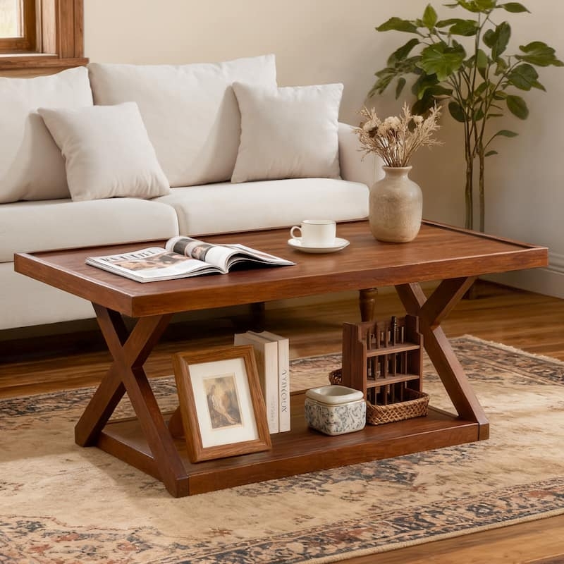 Coffee Table Walnut Two-Tier Rectangular X-Frame Base Storage Shelf