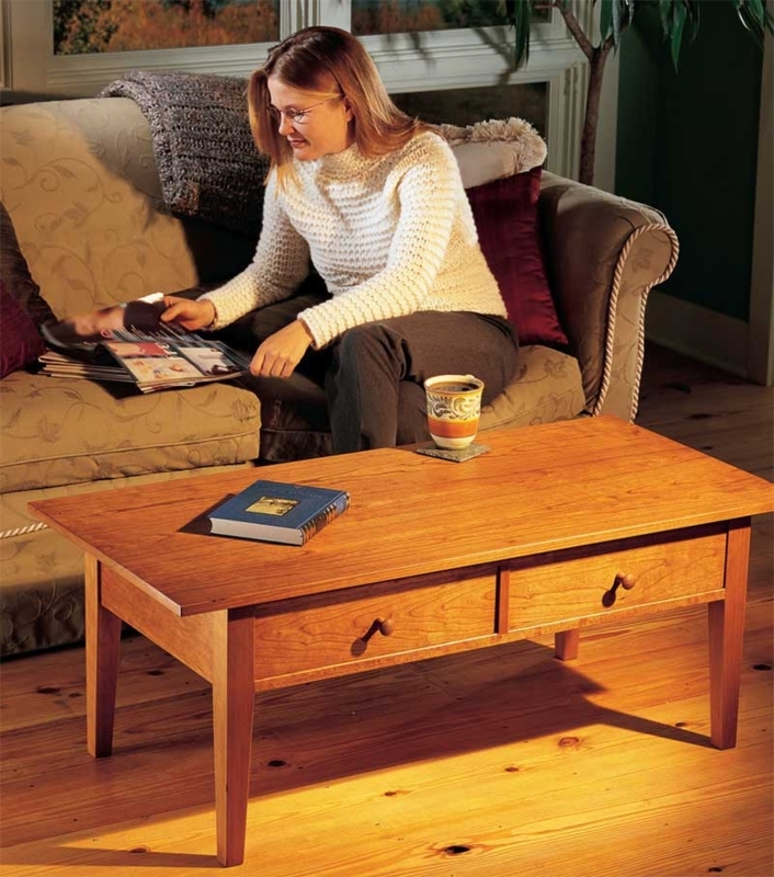 Coffee Table Warm Wood Craftsman Tapered Legs Two Drawers