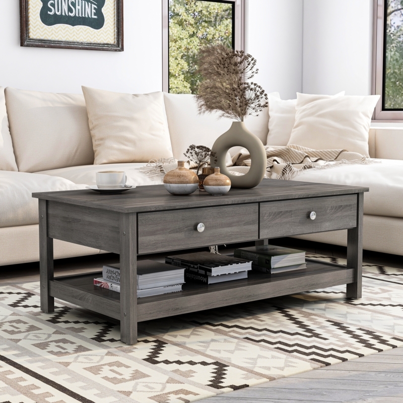 Coffee Table Weathered Finish Dual Drawer Storage Farmhouse Rustic