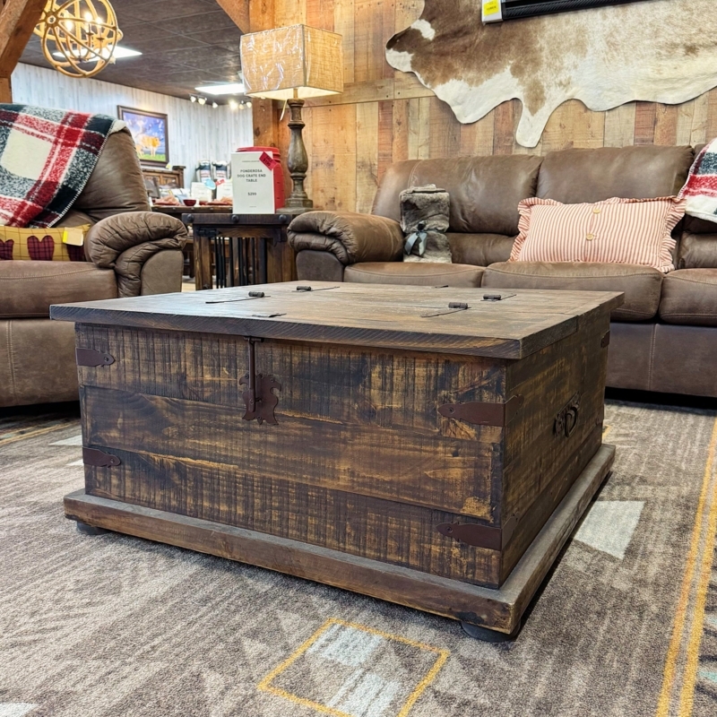Coffee Table Western Trunk Style with Storage Drawers and Metal