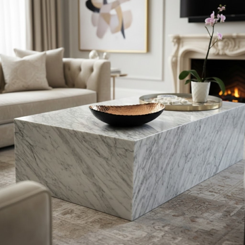 Coffee Table White and Grey Marble Block Plinth Design