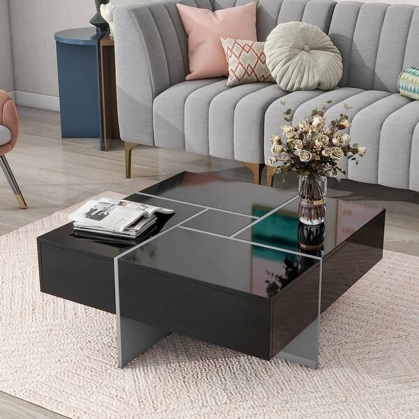 Coffee Table White High-Gloss Square with Recessed Floating Base