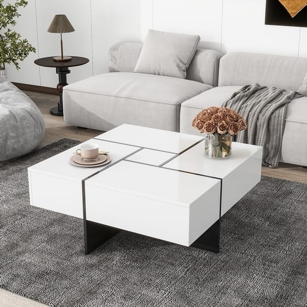 Coffee Table White UV High-Gloss with Four-Sided Storage Design
