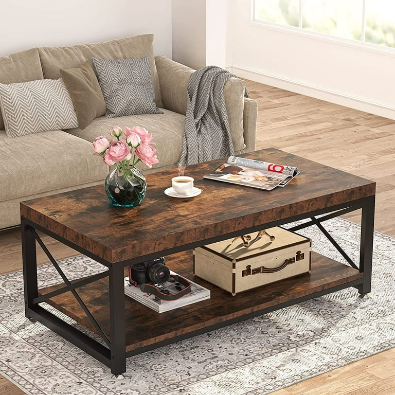 Coffee Table Wire Mesh Shelf Industrial Storage Wood Metal