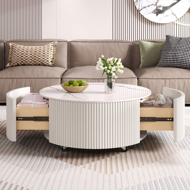 Coffee Table with Gold Casters, Round Marble Top & Hidden Storage