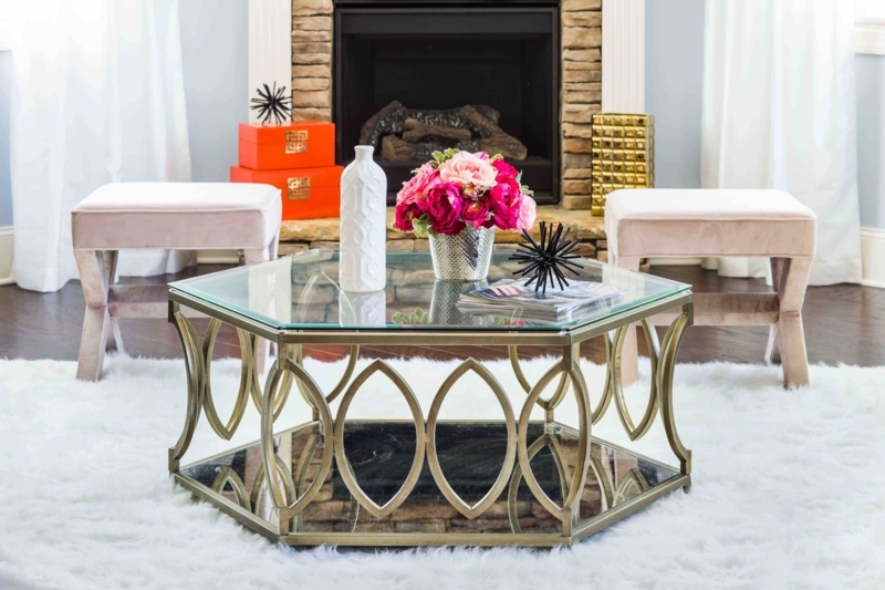 Coffee Table with Gold Sunburst Top and Drum Base for Glam Living Room