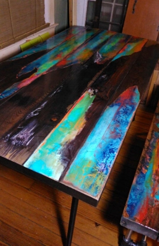 Coffee Table with Hand Painted Top and Industrial Pipe Legs, Boho Style