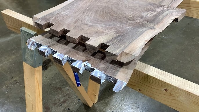 Coffee Table with Live Edge Top and Prominent Dovetail Joints