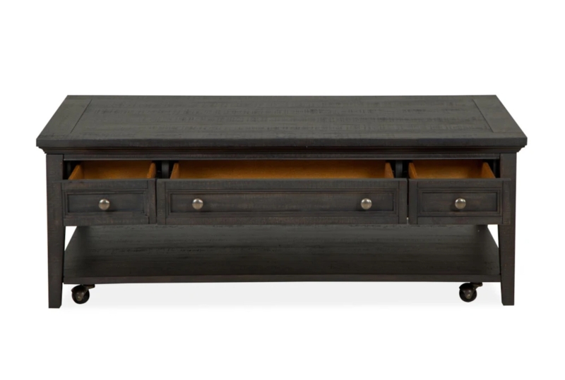 Coffee Table with Open Storage Cubbies, Rustic Wood Finish and Casters