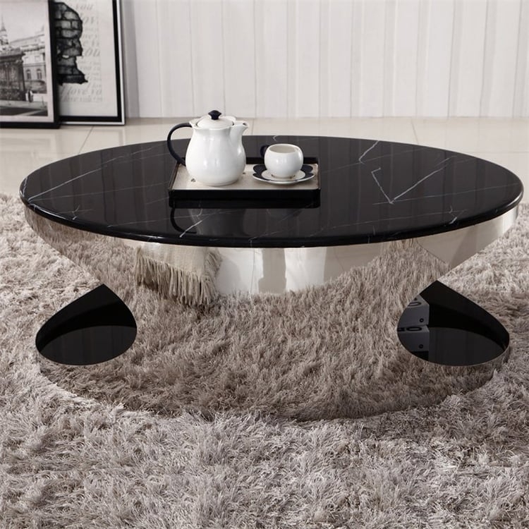 Coffee Table with Oval Black Marble Top, Arched Chrome Legs, Modern Glam
