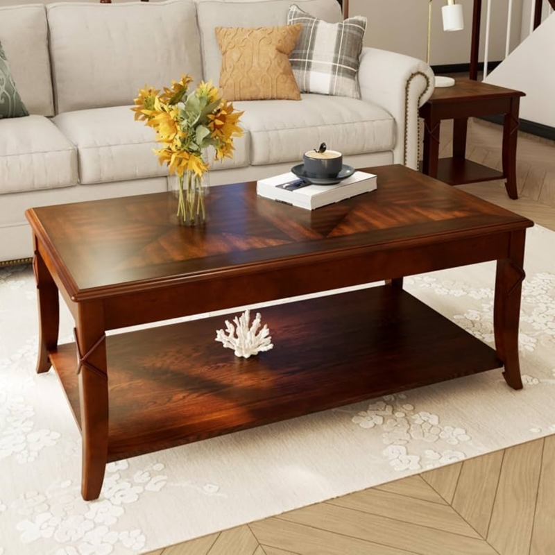 Coffee Table with Slatted Shelf and Cabriole Legs Traditional Style