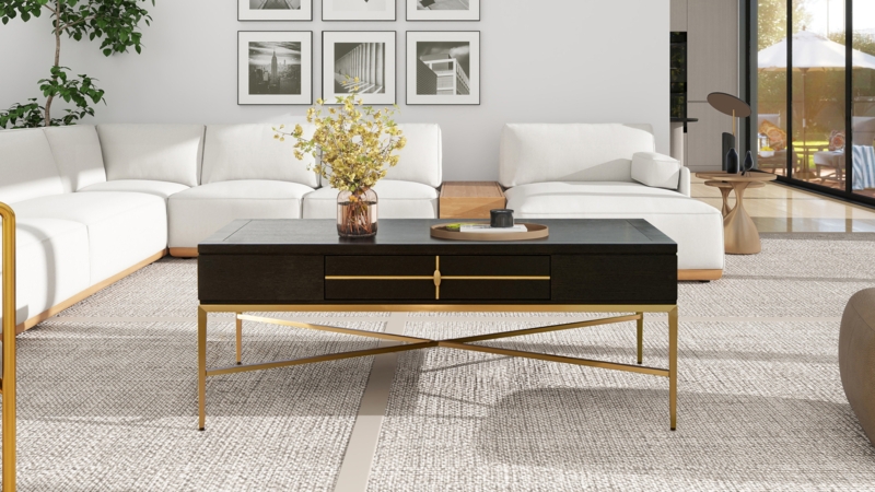 Coffee Table with Storage Drawers in Espresso Black and Gold Accents