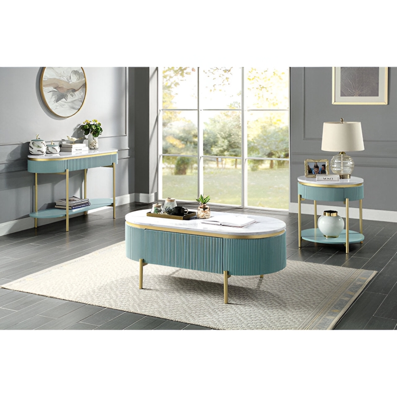 Coffee Table with Teal Base, Faux Marble Top and Gold Metal Legs