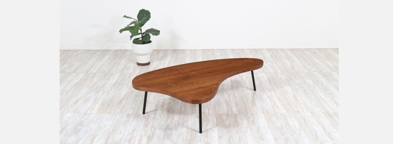 Coffee Table, Wood Top, Black Metal Tripod Legs, Mid-Century Style.