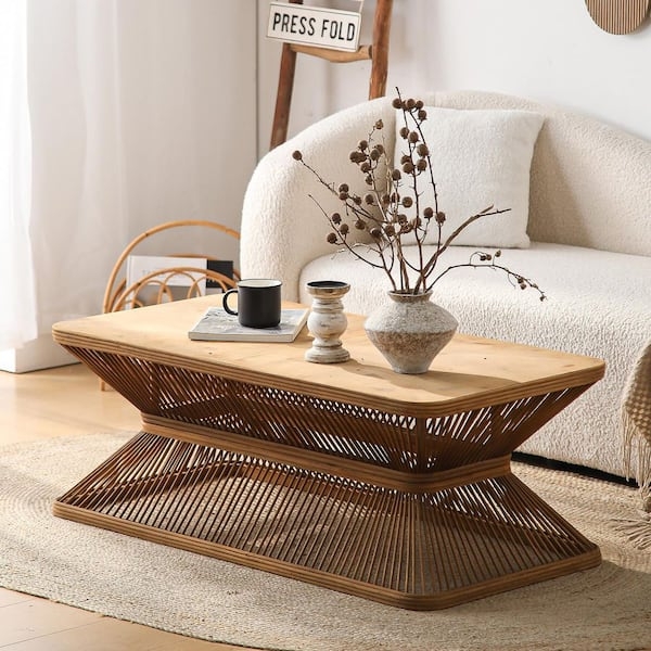 Coffee Table Woven Bamboo Base Splayed Tapered Legs Wood Mid-Century