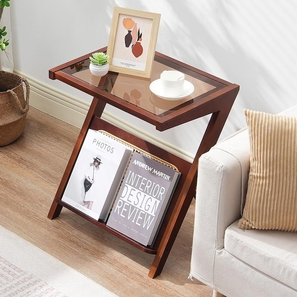 Coffee Table Z-Shaped Frame Rattan Woven Panels Glass Walnut Modern Boho