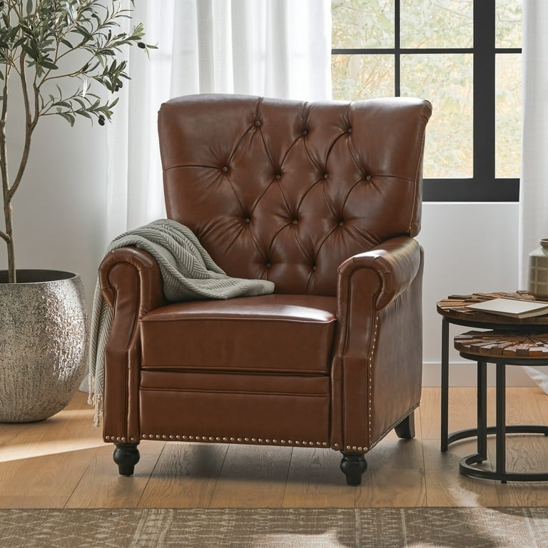 Cognac Brown Push Back Recliner with Button Tufting and Rolled Arms